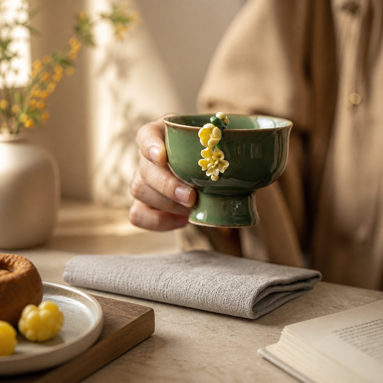 Green Ceramic Tea Cup – Vintage Floral High Foot Chinese Gongfu Tea Cup