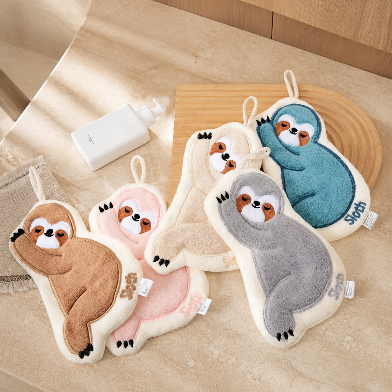 Cute Sloth Hanging Hand Towel – Soft Absorbent Kitchen & Bathroom Towel with Hook, Cartoon Animal Hand Drying Towel
