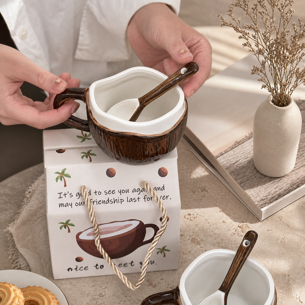 Coconut Ceramic Mug – Tropical Coffee Cup with Spoon and Gift Box