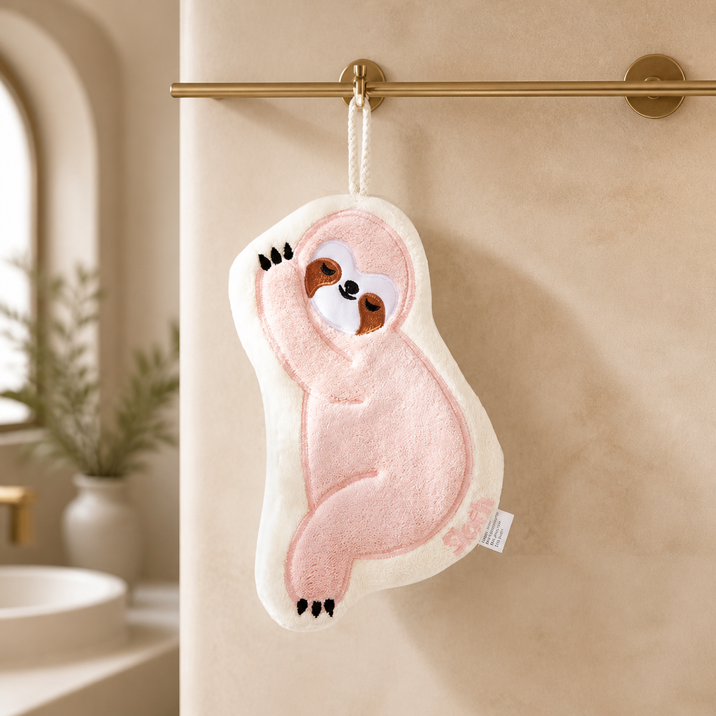 Cute Sloth Hanging Hand Towel – Soft Absorbent Kitchen & Bathroom Towel with Hook, Cartoon Animal Hand Drying Towel