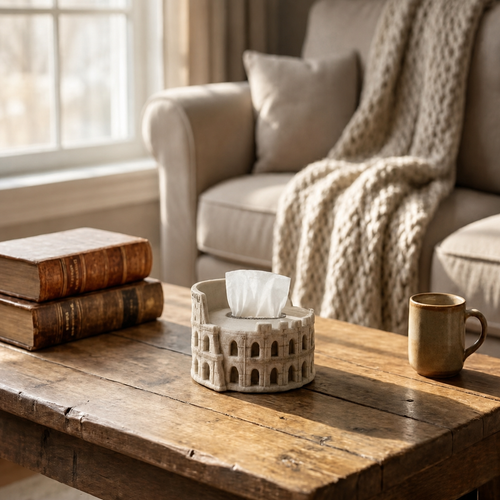 Colosseum Tissue Box Cover – Roman Architecture Felt Tissue Holder, Vintage Sculptural Home Decor