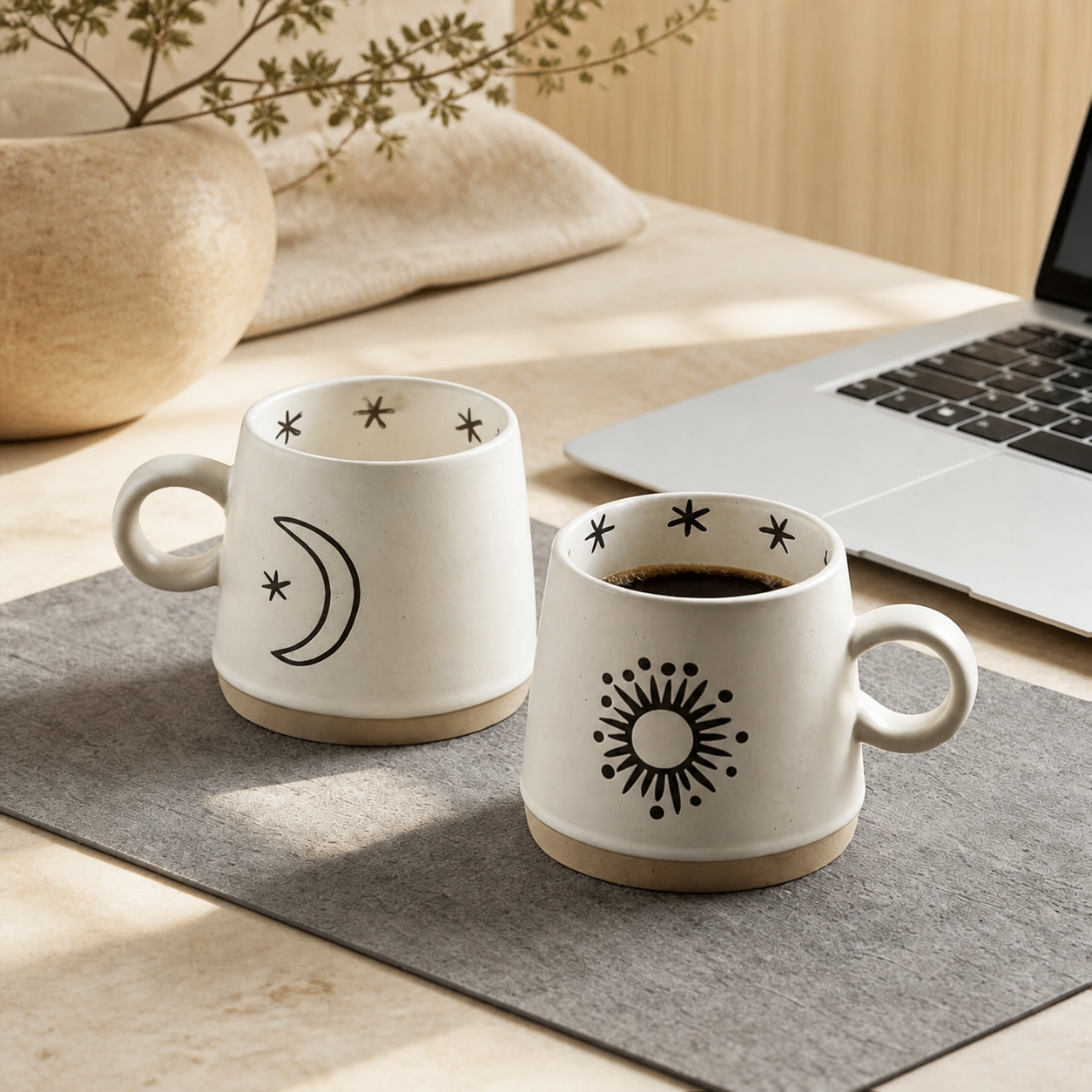Celestial Ceramic Mug – 400ml Sun Moon Star Rustic Coffee Cup