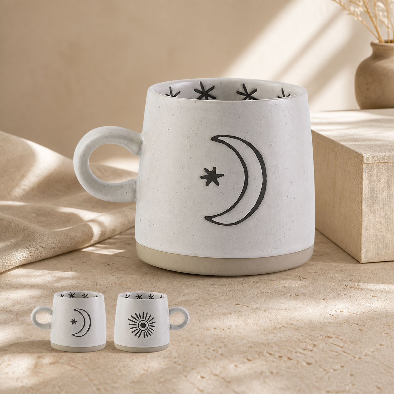 Celestial Ceramic Mug – 400ml Sun Moon Star Rustic Coffee Cup