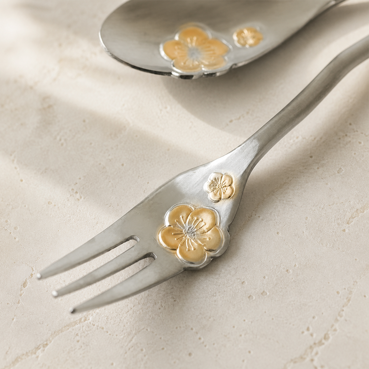 Cherry Blossom Stainless Steel Spoon & Fork, Japanese Floral Dessert Utensil, Gold Accent Coffee Tea Cutlery