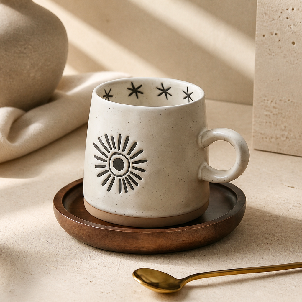 Celestial Ceramic Mug – 400ml Sun Moon Star Rustic Coffee Cup