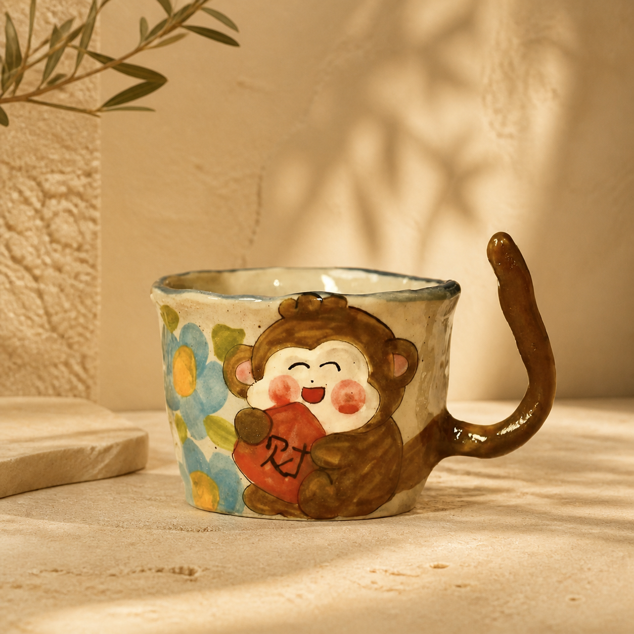 Hand Painted Cat Ceramic Mug – 245ml Cute Animal Coffee Cup with Tail Handle & Spoon, Whimsical Gift for Cat Lovers