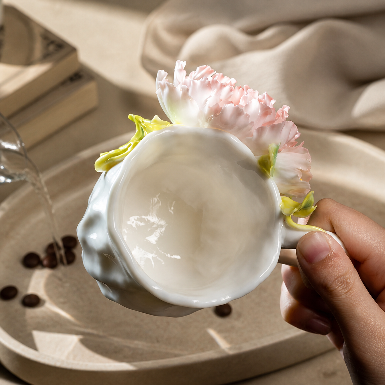 Handmade Pink Peony Ceramic Mug – 3D Floral Coffee Cup, Sculpted Flower Tea Cup, Artisan Botanical Drinkware