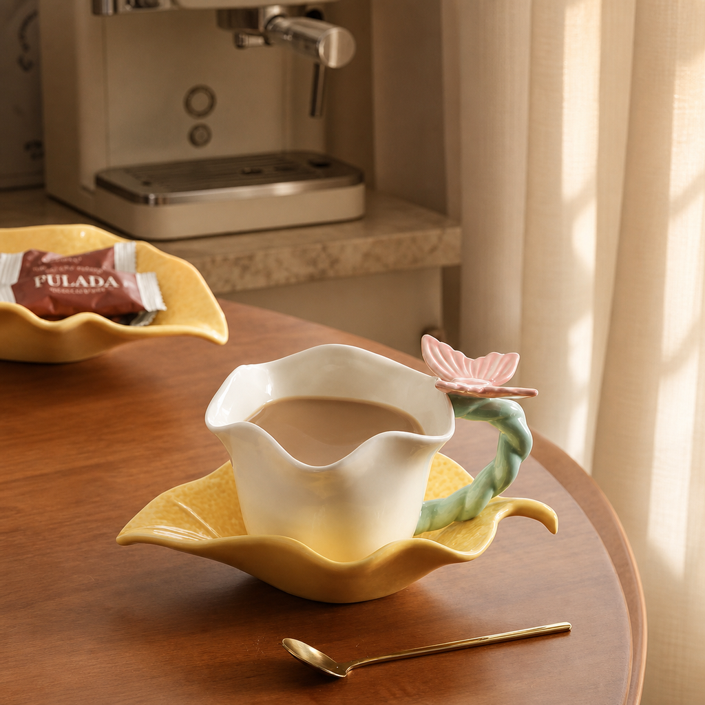 Butterfly Ceramic Cup and Saucer – Floral 250ml Coffee Tea Cup Set