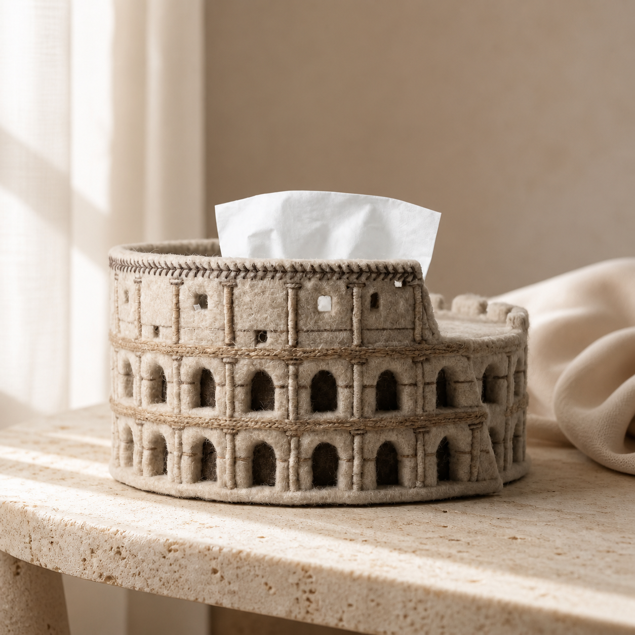 Colosseum Tissue Box Cover – Roman Architecture Felt Tissue Holder, Vintage Sculptural Home Decor