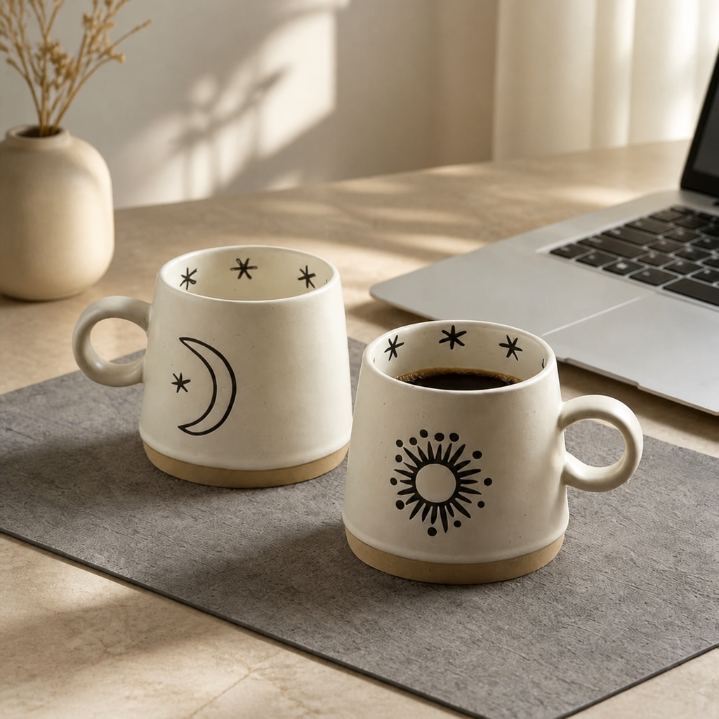 Celestial Ceramic Mug – 400ml Sun Moon Star Rustic Coffee Cup