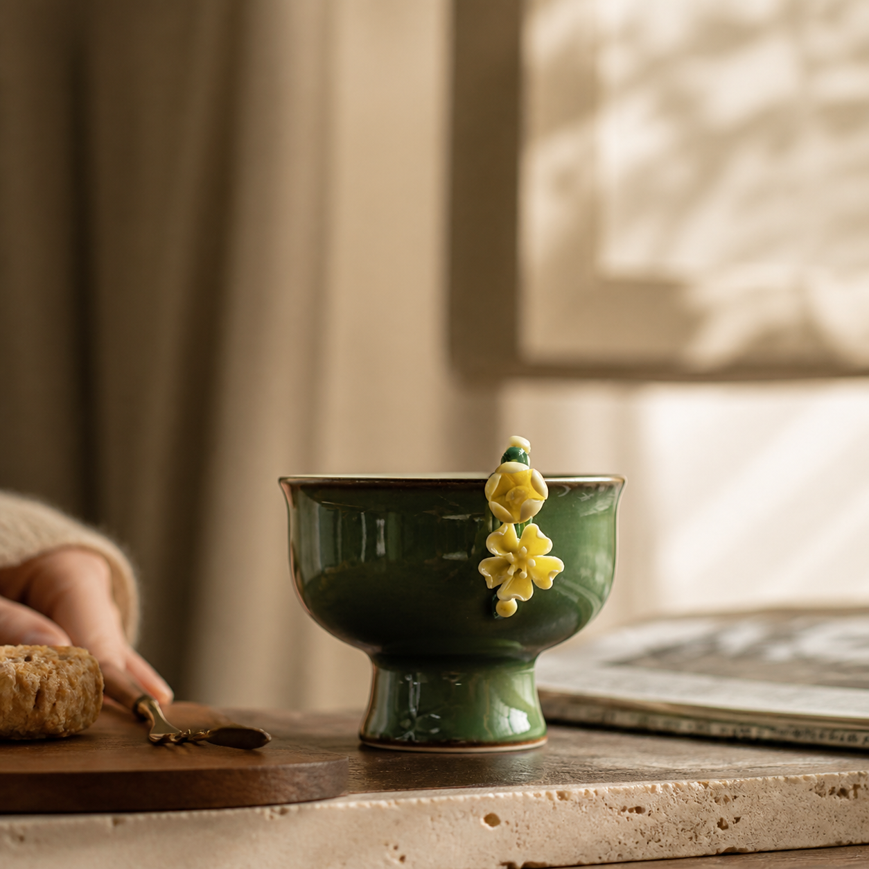 Green Ceramic Tea Cup – Vintage Floral High Foot Chinese Gongfu Tea Cup