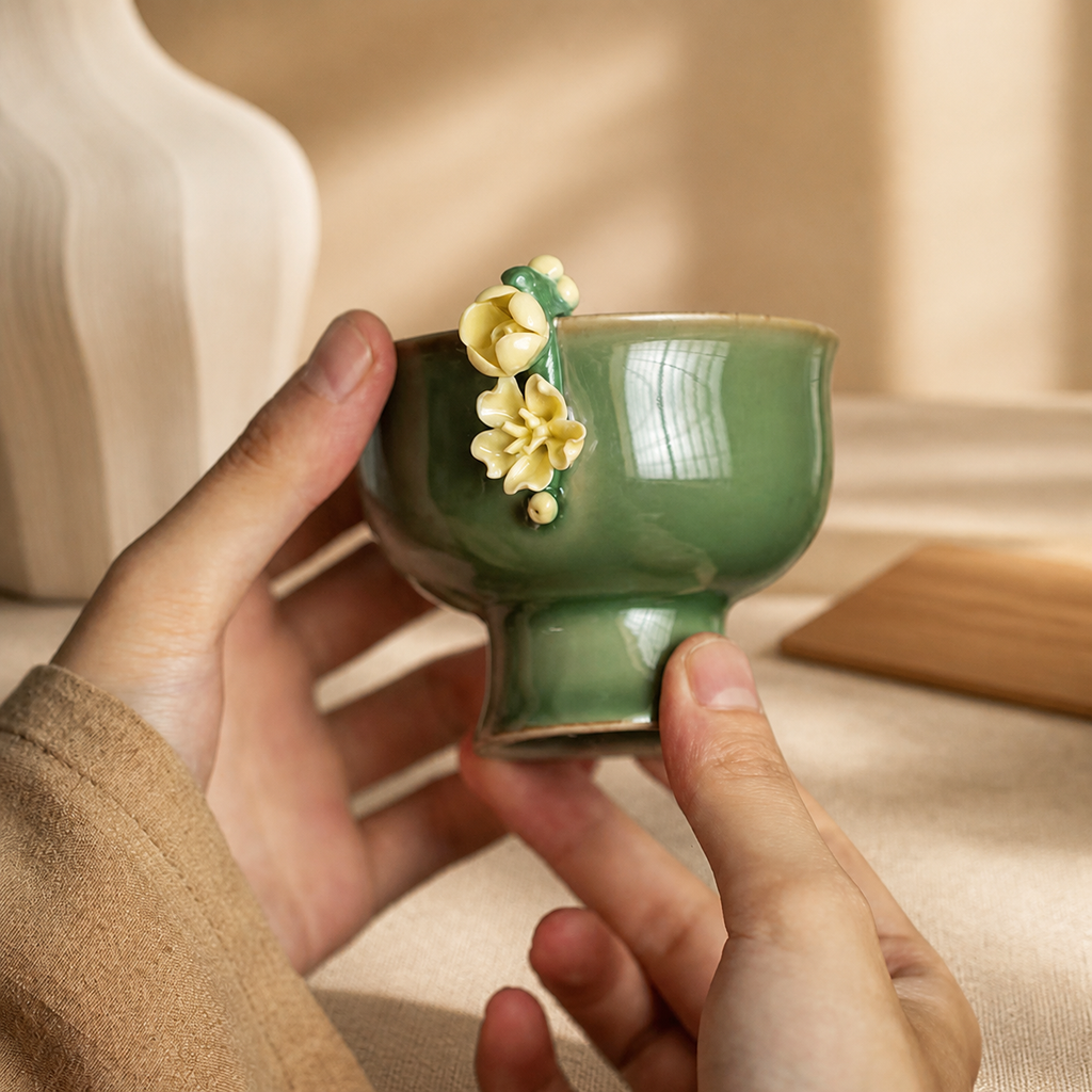Green Ceramic Tea Cup – Vintage Floral High Foot Chinese Gongfu Tea Cup