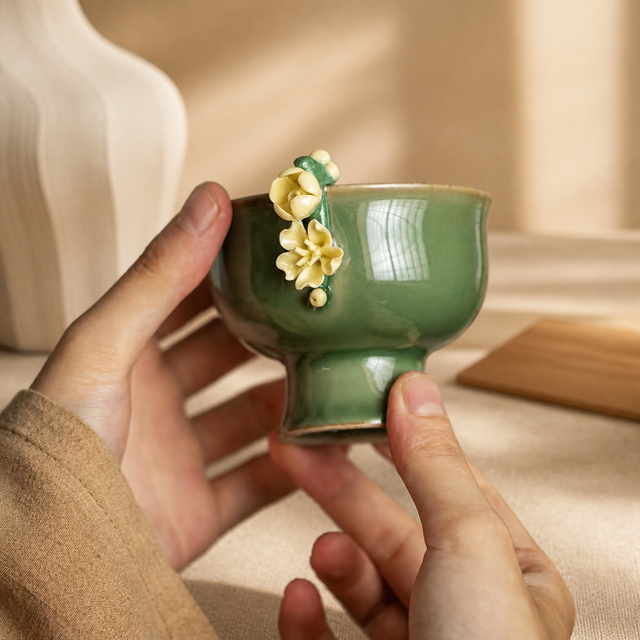 Green Ceramic Tea Cup – Vintage Floral High Foot Chinese Gongfu Tea Cup