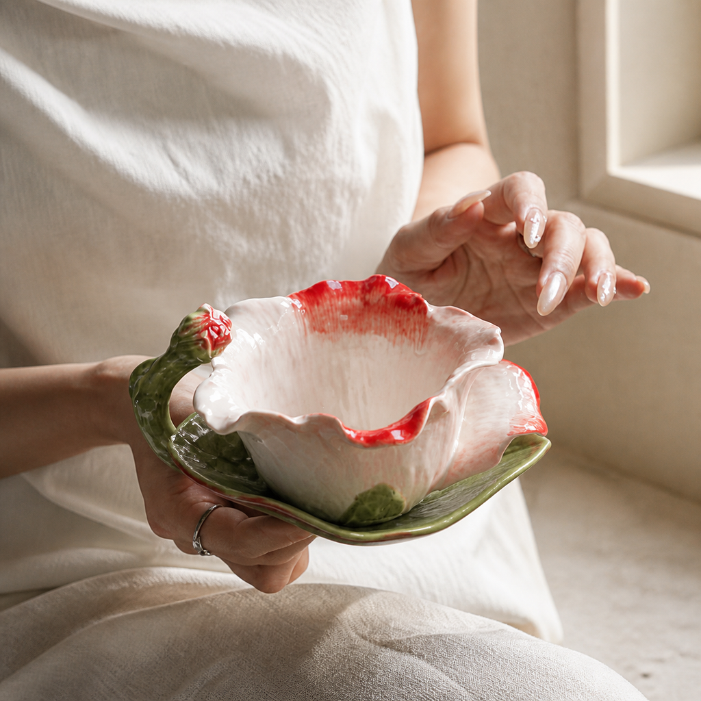 Rose Ceramic Tea Cup and Saucer – Floral Petal Coffee Cup Set