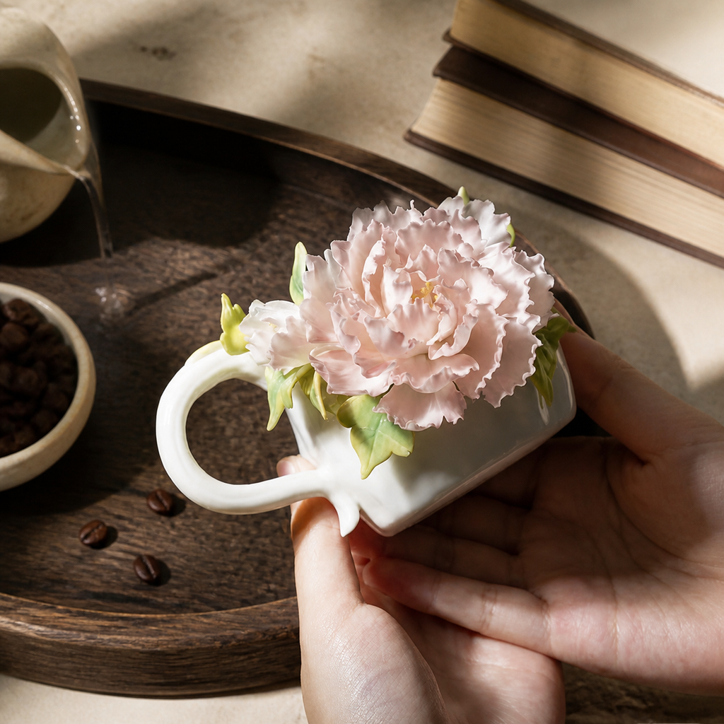 Handmade Pink Peony Ceramic Mug – 3D Floral Coffee Cup, Sculpted Flower Tea Cup, Artisan Botanical Drinkware
