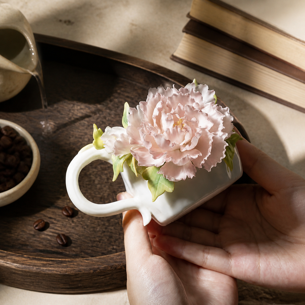 Handmade Pink Peony Ceramic Mug – 3D Floral Coffee Cup, Sculpted Flower Tea Cup, Artisan Botanical Drinkware