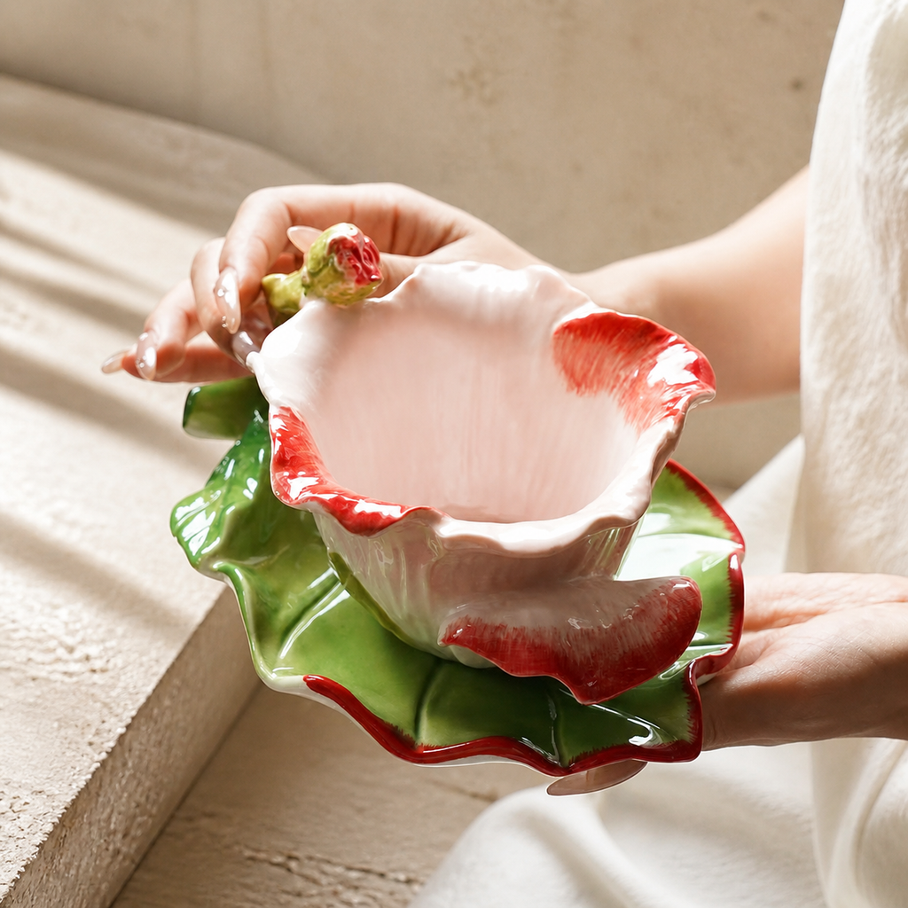 Rose Ceramic Tea Cup and Saucer – Floral Petal Coffee Cup Set