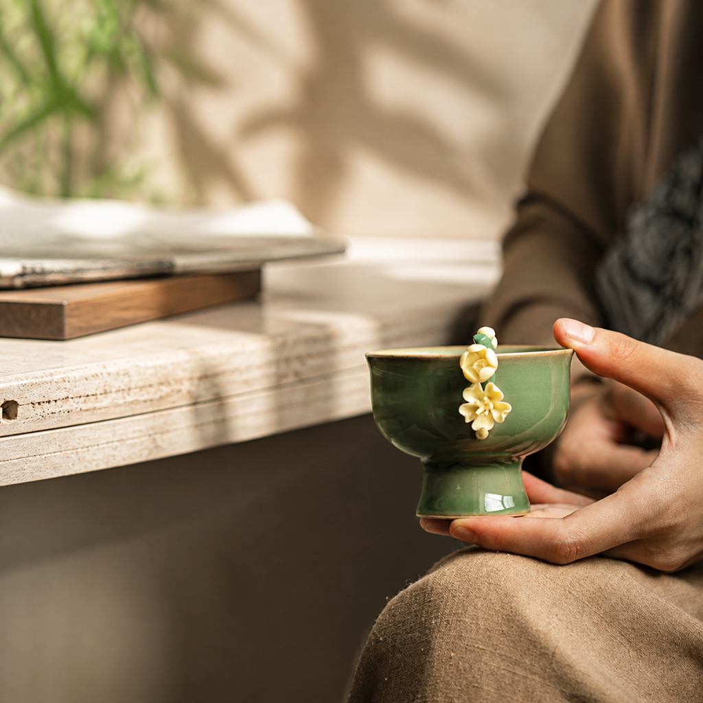 Green Ceramic Tea Cup – Vintage Floral High Foot Chinese Gongfu Tea Cup