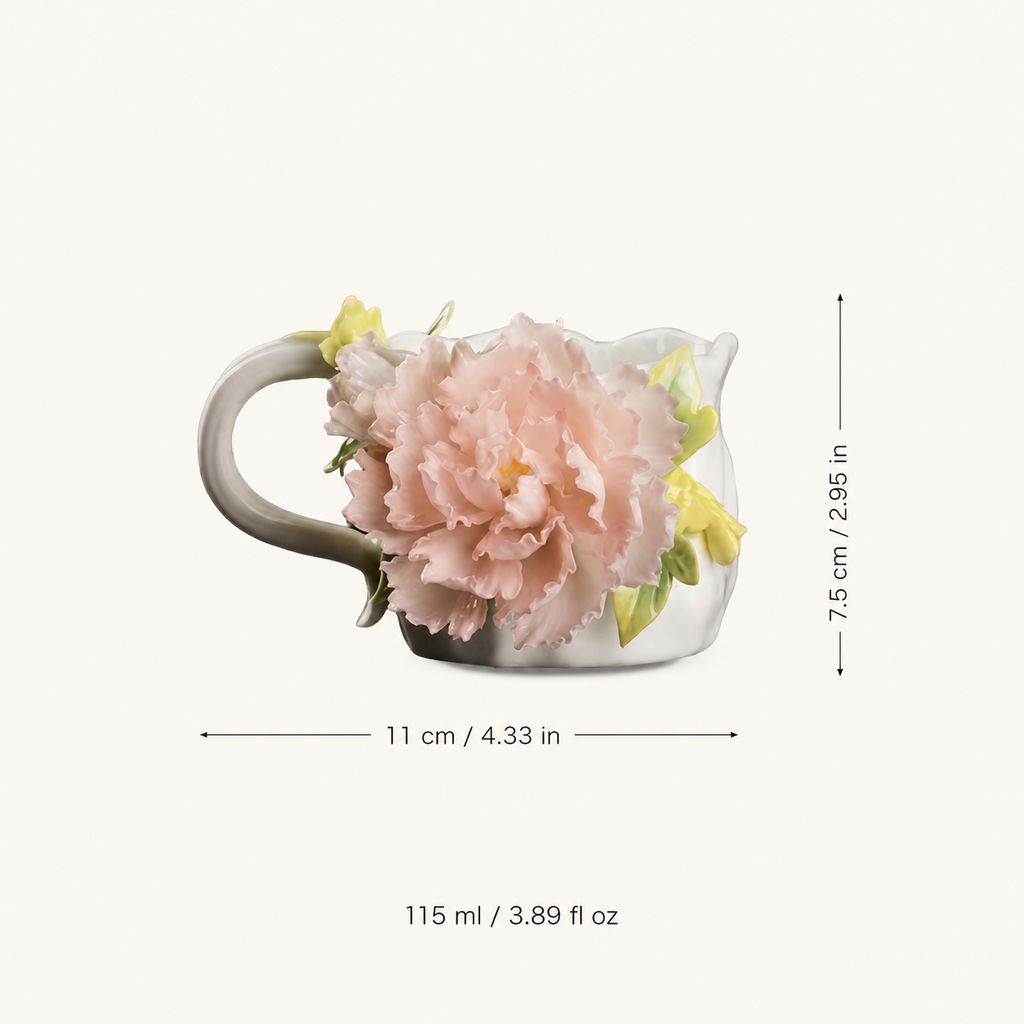 Handmade Pink Peony Ceramic Mug – 3D Floral Coffee Cup, Sculpted Flower Tea Cup, Artisan Botanical Drinkware