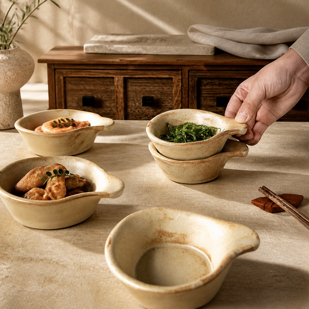 Japanese Ceramic Dipping Sauce Dish with Handle – Rustic Wabi Sabi Condiment Bowl