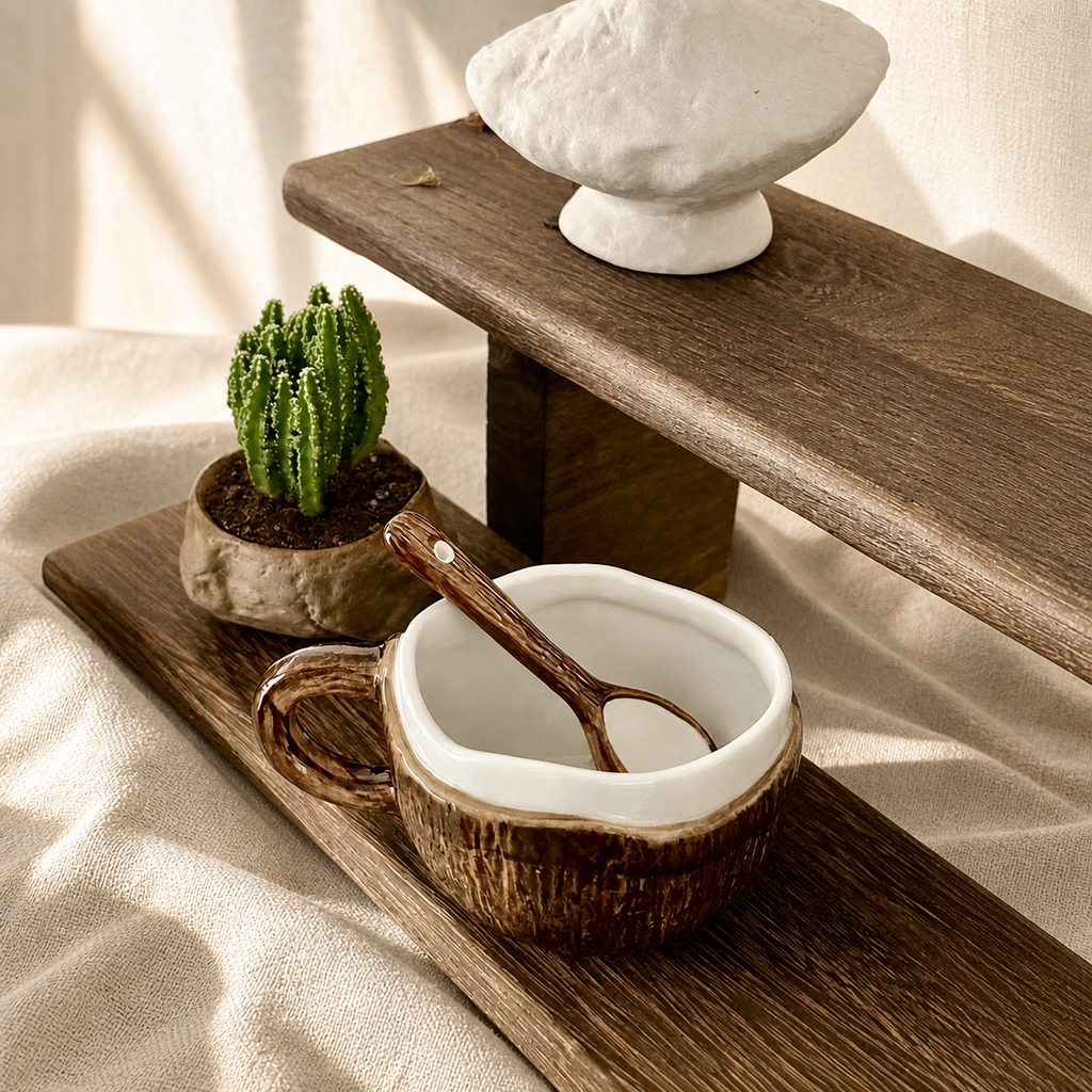 Coconut Ceramic Mug – Tropical Coffee Cup with Spoon and Gift Box