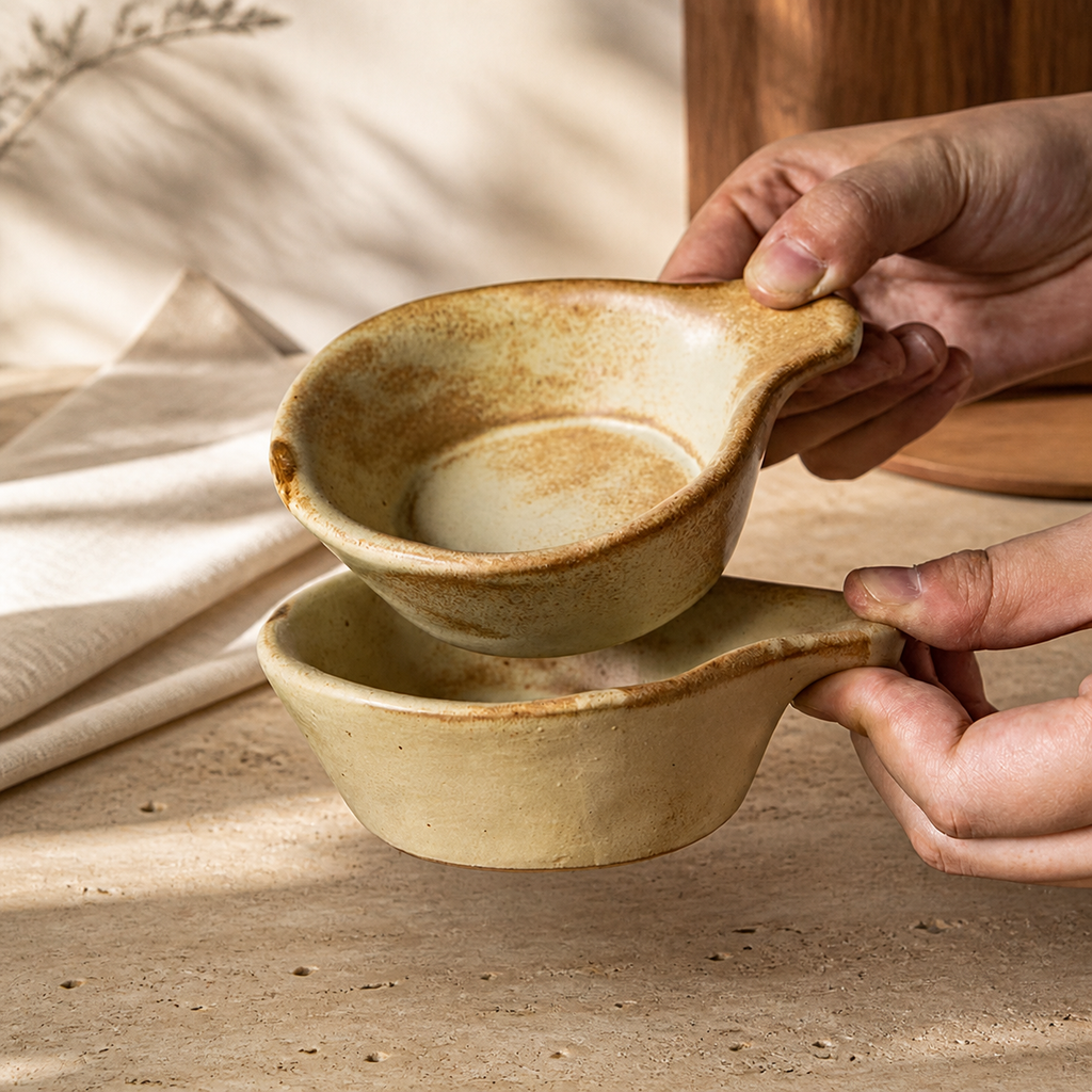 Japanese Ceramic Dipping Sauce Dish with Handle – Rustic Wabi Sabi Condiment Bowl