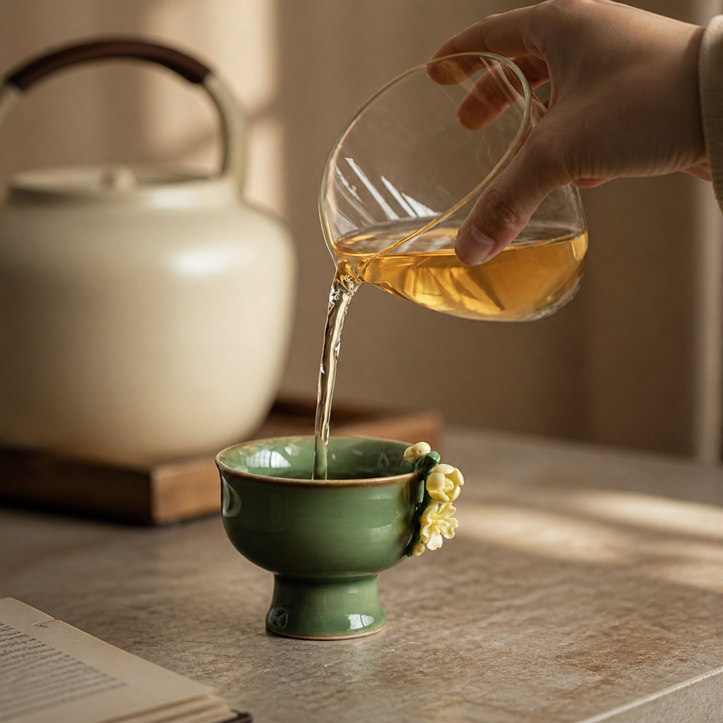 Green Ceramic Tea Cup – Vintage Floral High Foot Chinese Gongfu Tea Cup