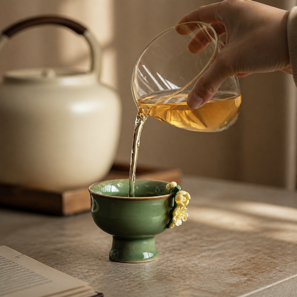 Green Ceramic Tea Cup – Vintage Floral High Foot Chinese Gongfu Tea Cup