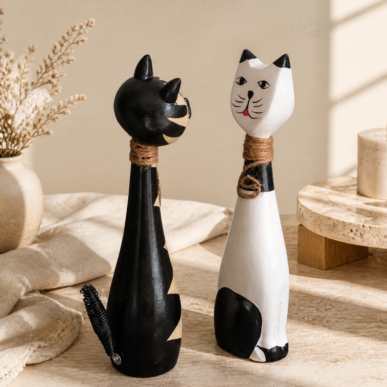 Set of 2 Wooden Cat Figurines – Hand Painted Couple Cat Decor, Rustic Whimsical Shelf & Tabletop Decoration