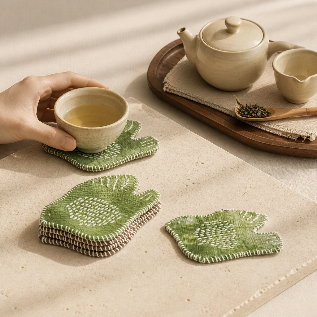 Hand Embroidered Swallow Mug Rug – Cotton Linen Bird Coaster & Heat Resistant Tea Cup Mat