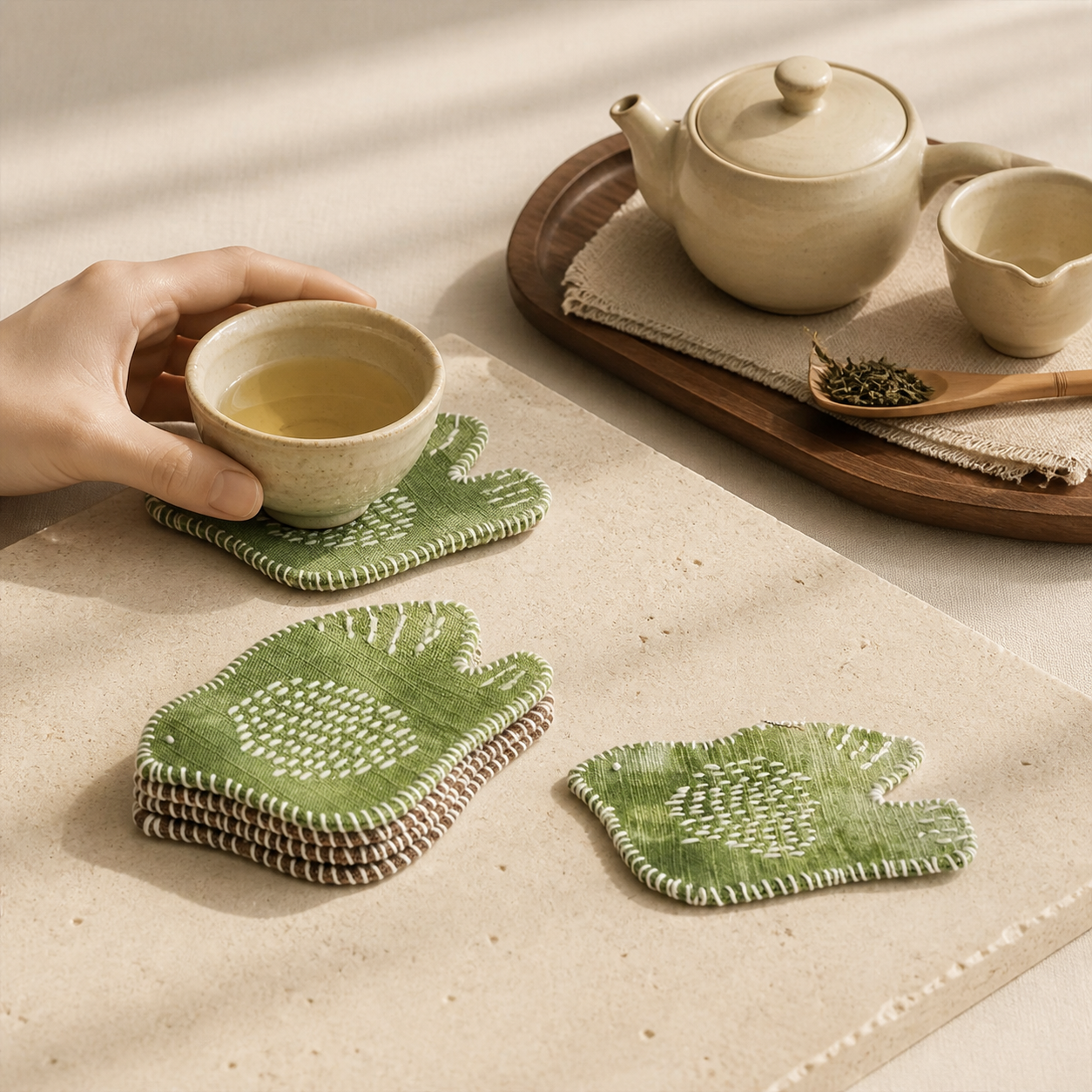 Hand Embroidered Swallow Mug Rug – Cotton Linen Bird Coaster & Heat Resistant Tea Cup Mat