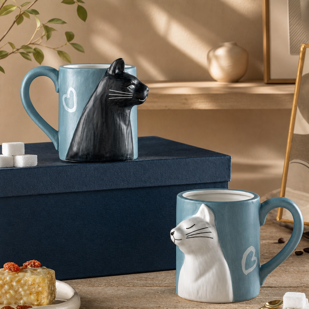 Cat Couple Ceramic Mug Set – Cute 3D Cat Coffee Cups Gift Set for Couples