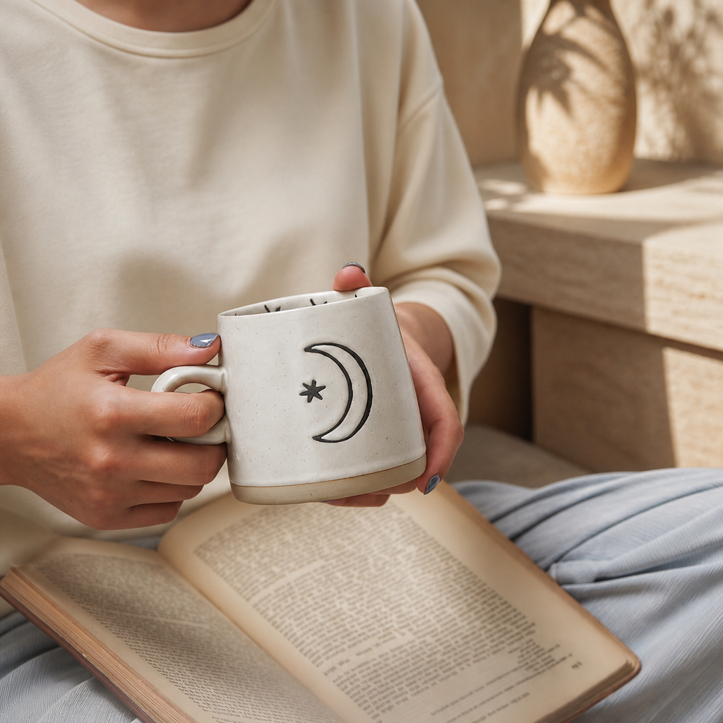 Celestial Ceramic Mug – 400ml Sun Moon Star Rustic Coffee Cup
