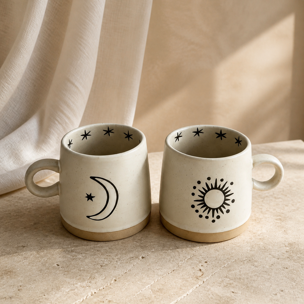 Celestial Ceramic Mug – 400ml Sun Moon Star Rustic Coffee Cup