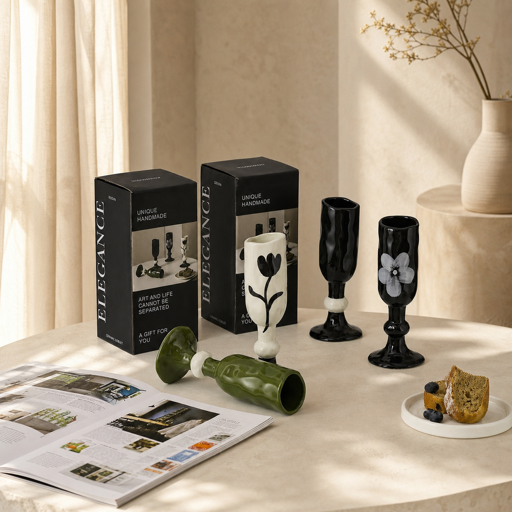 Hand Painted Ceramic Goblet – 230ml Floral Art Wine Cup, Sculptural Decorative Drinking Glass, Gift Box Included