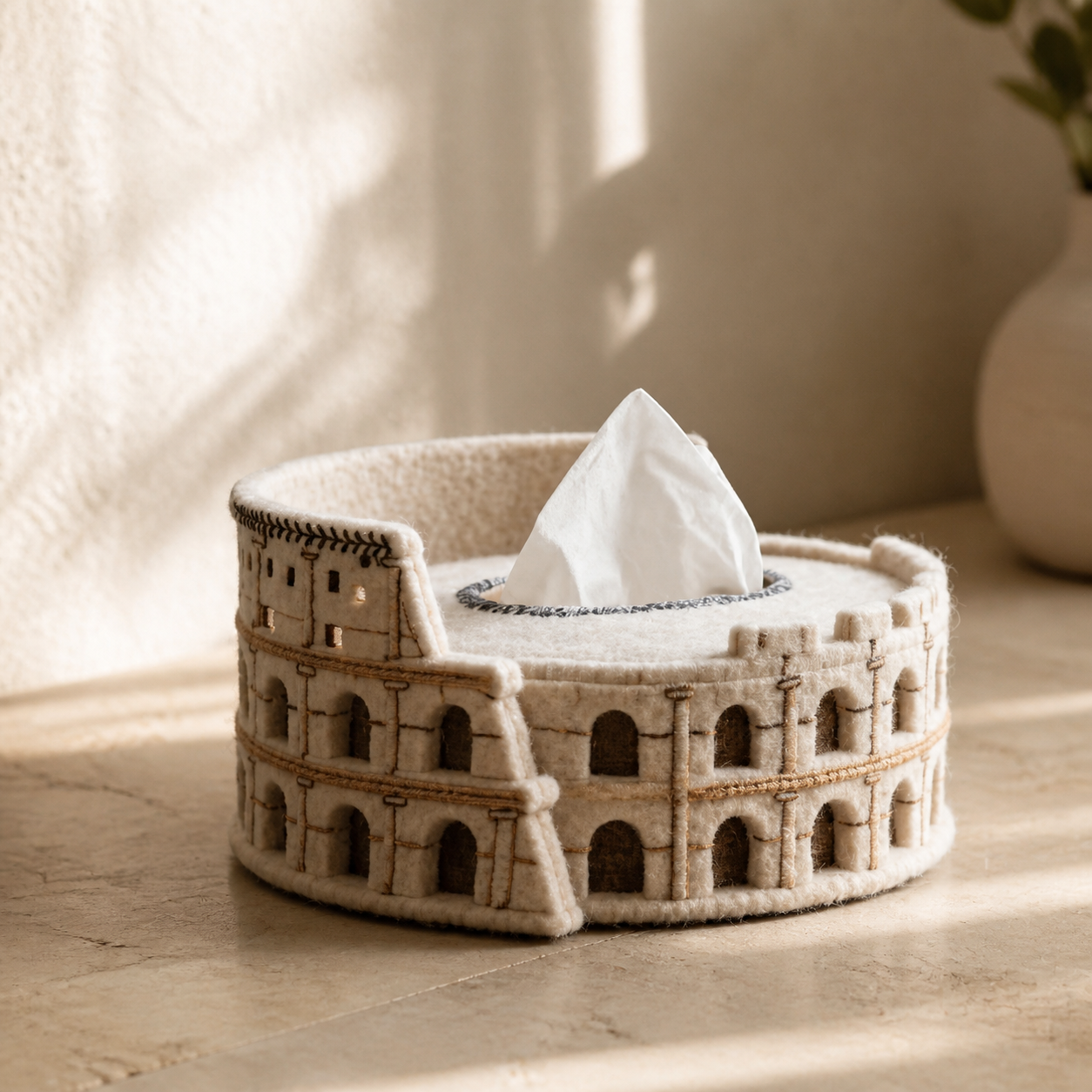 Colosseum Tissue Box Cover – Roman Architecture Felt Tissue Holder, Vintage Sculptural Home Decor