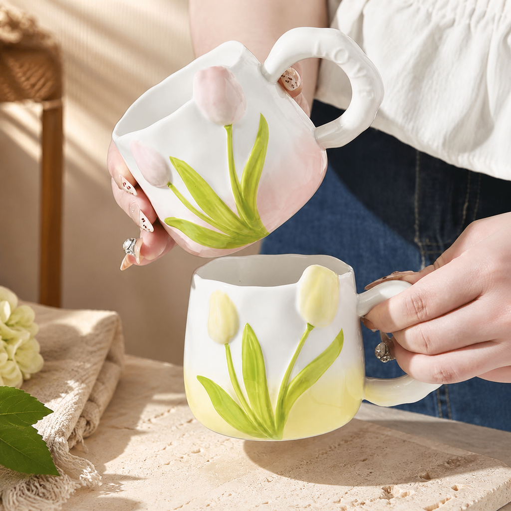 Tulip Ceramic Mug – 400ml Hand Painted Floral Coffee Cup