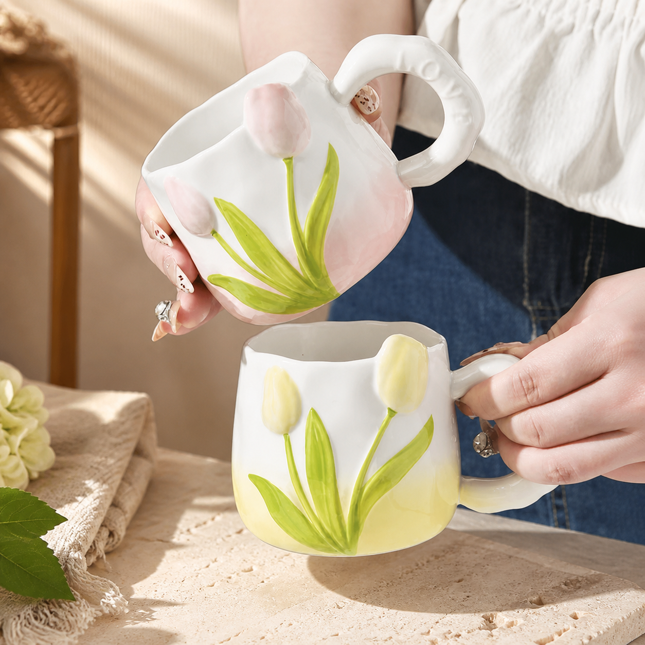 Tulip Ceramic Mug – 400ml Hand Painted Floral Coffee Cup