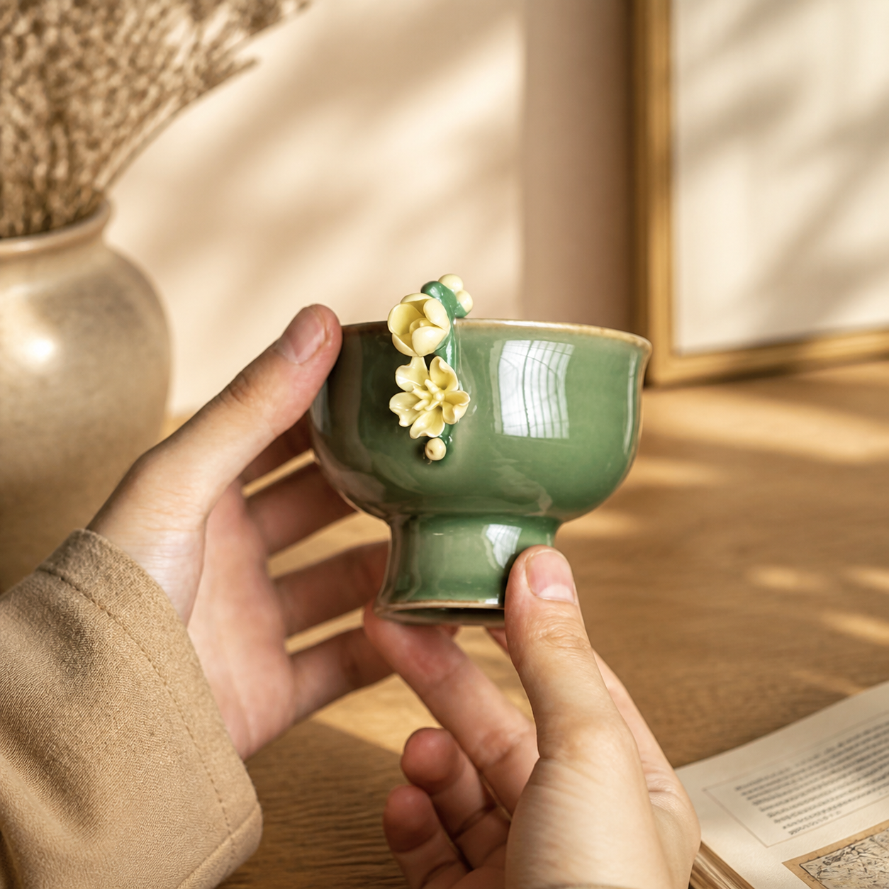 Green Ceramic Tea Cup – Vintage Floral High Foot Chinese Gongfu Tea Cup