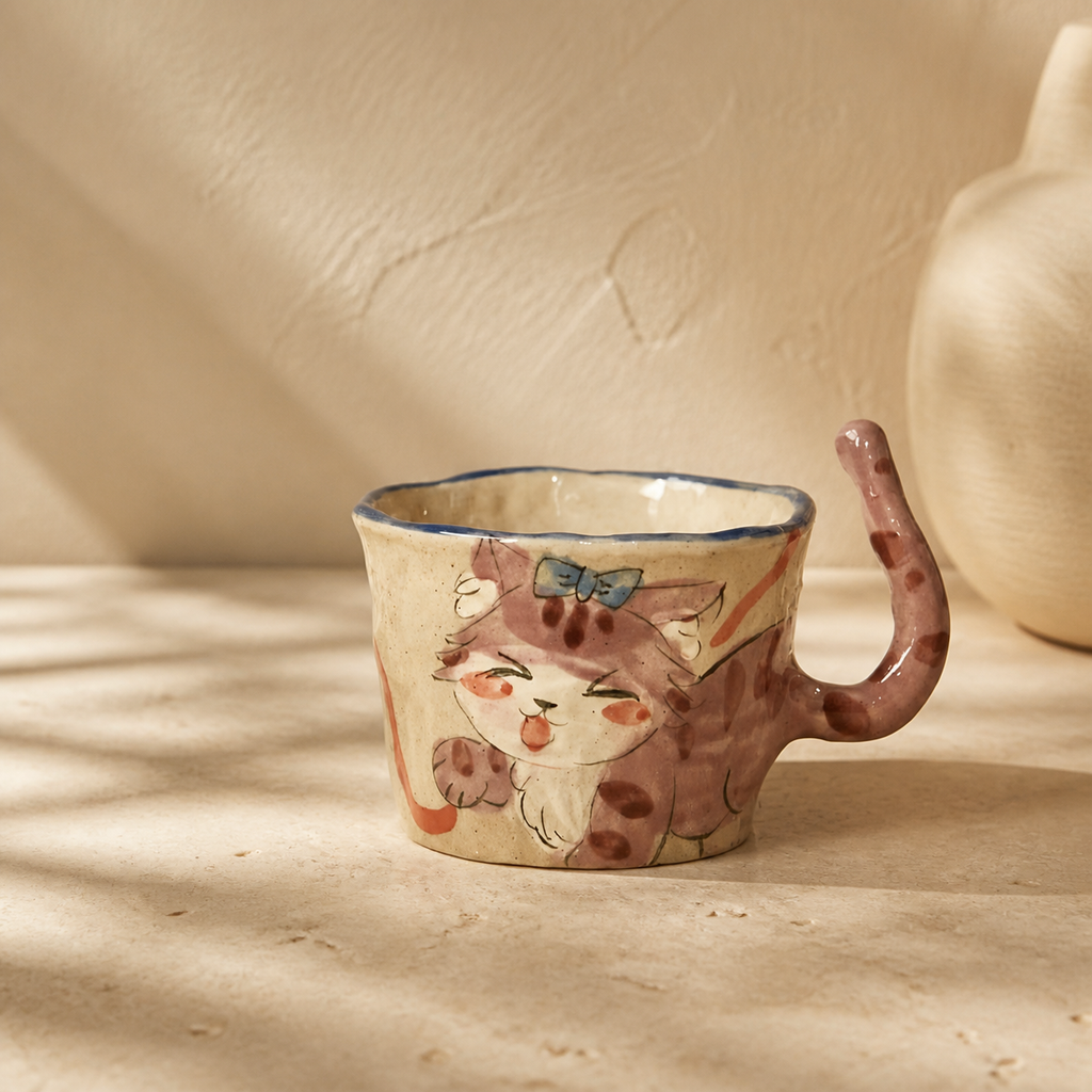 Hand Painted Cat Ceramic Mug – 245ml Cute Animal Coffee Cup with Tail Handle & Spoon, Whimsical Gift for Cat Lovers