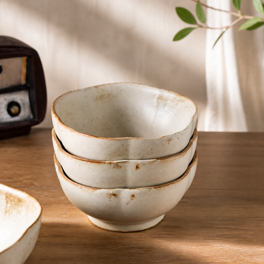 Japanese Ceramic Rice Bowl – Rustic Wabi Sabi Flower Shaped Bowl