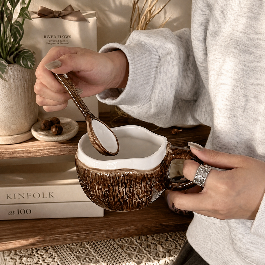 Coconut Ceramic Mug – Tropical Coffee Cup with Spoon and Gift Box