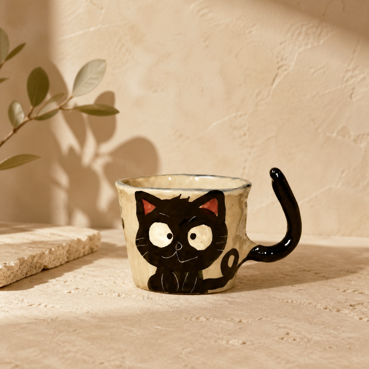 Hand Painted Cat Ceramic Mug – 245ml Cute Animal Coffee Cup with Tail Handle & Spoon, Whimsical Gift for Cat Lovers