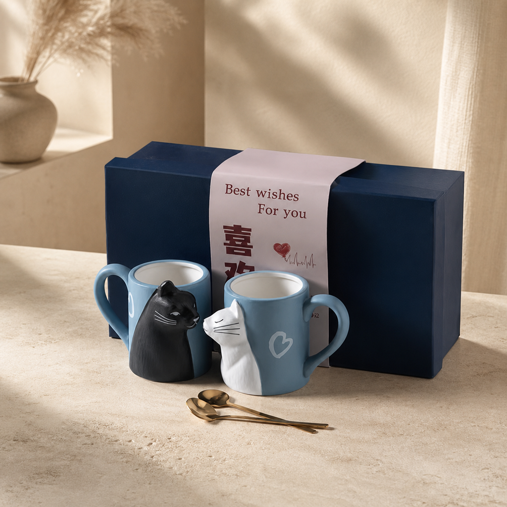 Cat Couple Ceramic Mug Set – Cute 3D Cat Coffee Cups Gift Set for Couples