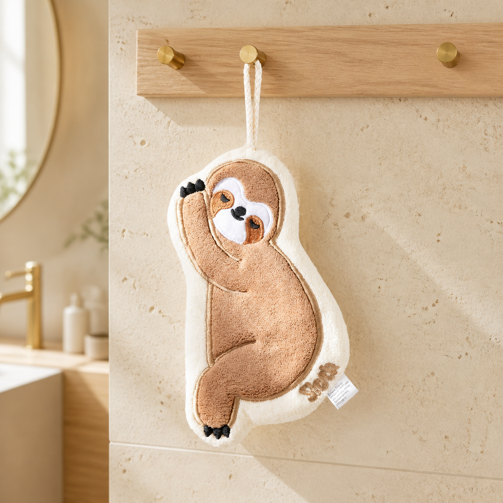 Cute Sloth Hanging Hand Towel – Soft Absorbent Kitchen & Bathroom Towel with Hook, Cartoon Animal Hand Drying Towel