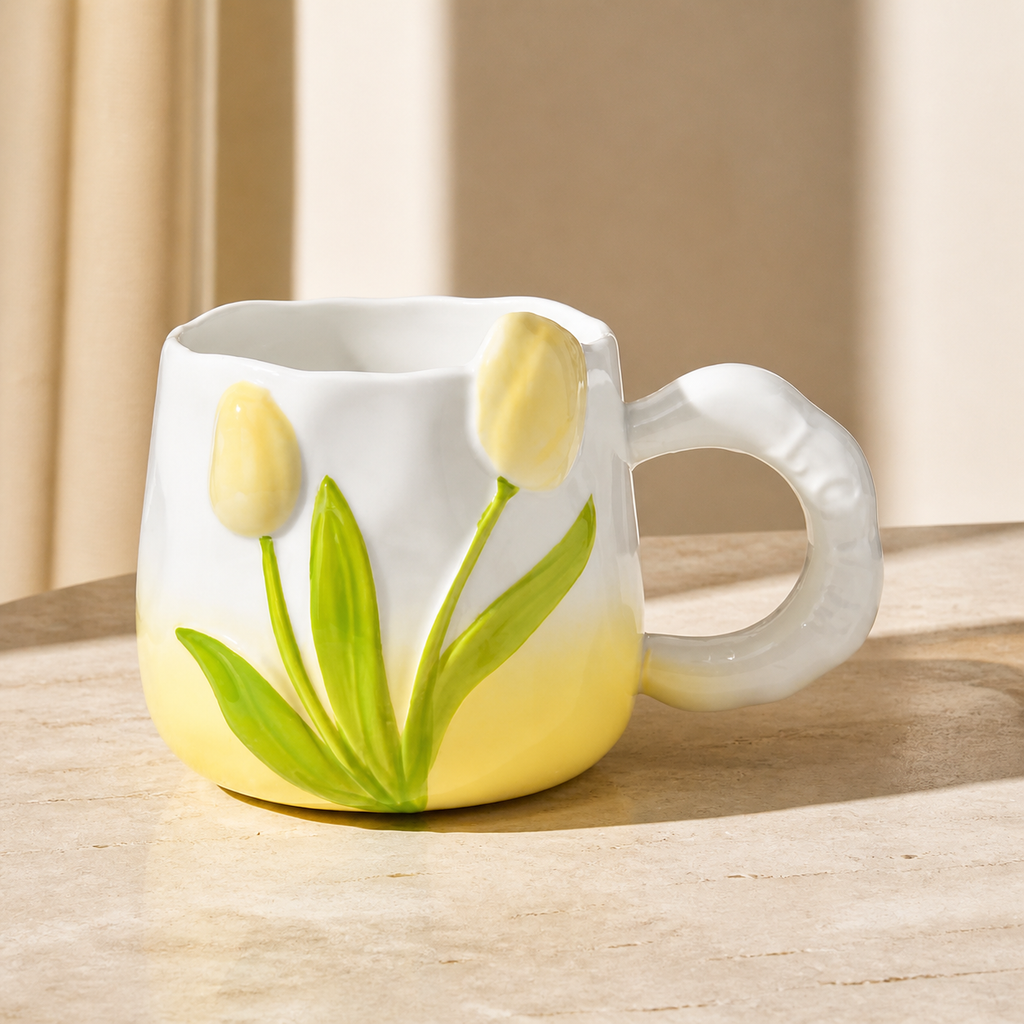 Tulip Ceramic Mug – 400ml Hand Painted Floral Coffee Cup