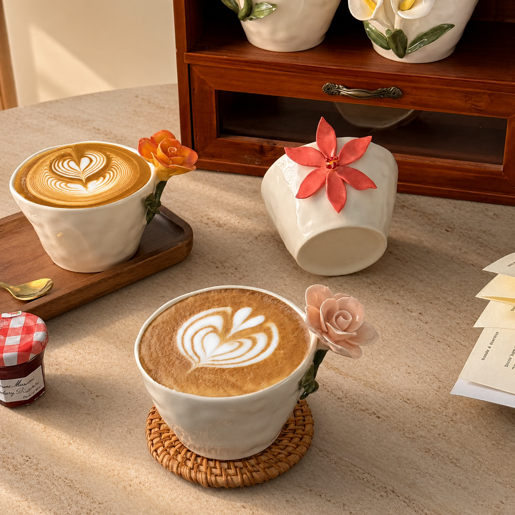 3D Floral Ceramic Mug – Handmade Style Flower Coffee Cup 260ml