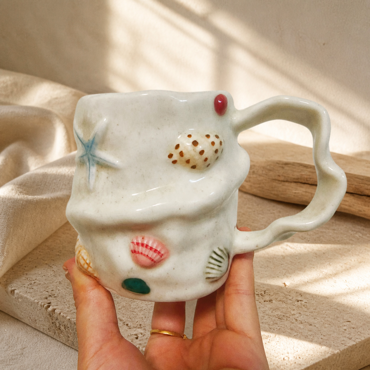 Seashell Ceramic Mug – Coastal Ocean Coffee Cup with Raised Shell Design