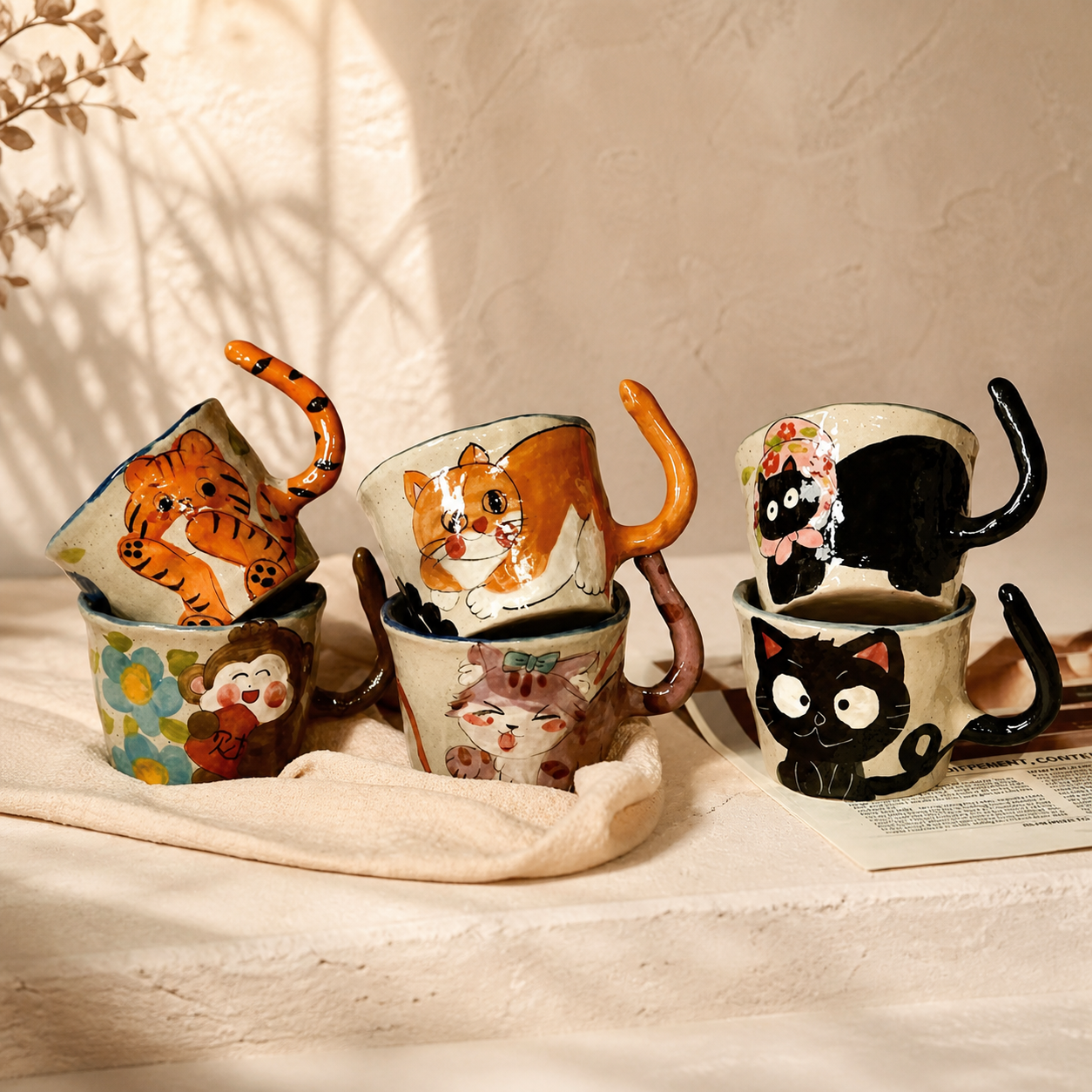 Hand Painted Cat Ceramic Mug – 245ml Cute Animal Coffee Cup with Tail Handle & Spoon, Whimsical Gift for Cat Lovers