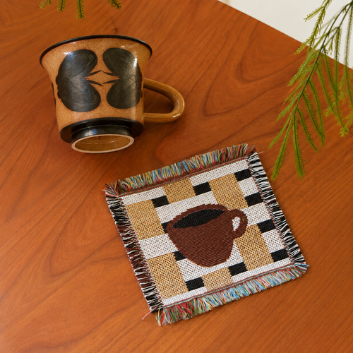Coffee Cup Woven Coaster, Handmade Mug Rug with Fringe, Coffee Lover Gift, Rustic Table Decor, Cottagecore Drink Coaster